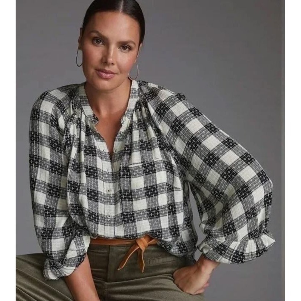 Anthropologie Pilcro Puff Sleeve Button Top M Gingham Plaid Wool Blend Cottage